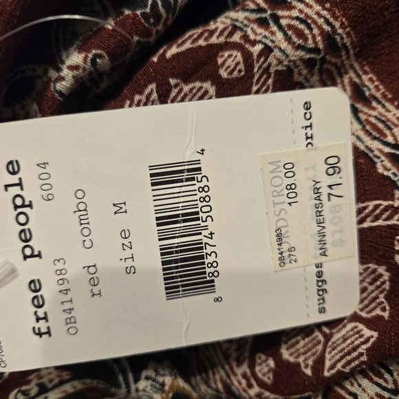 Free People Sz M Bohemian Maroon Pattern Deep V-back L/Sl  Blouse or Mini Dress - Picture 4 of 10